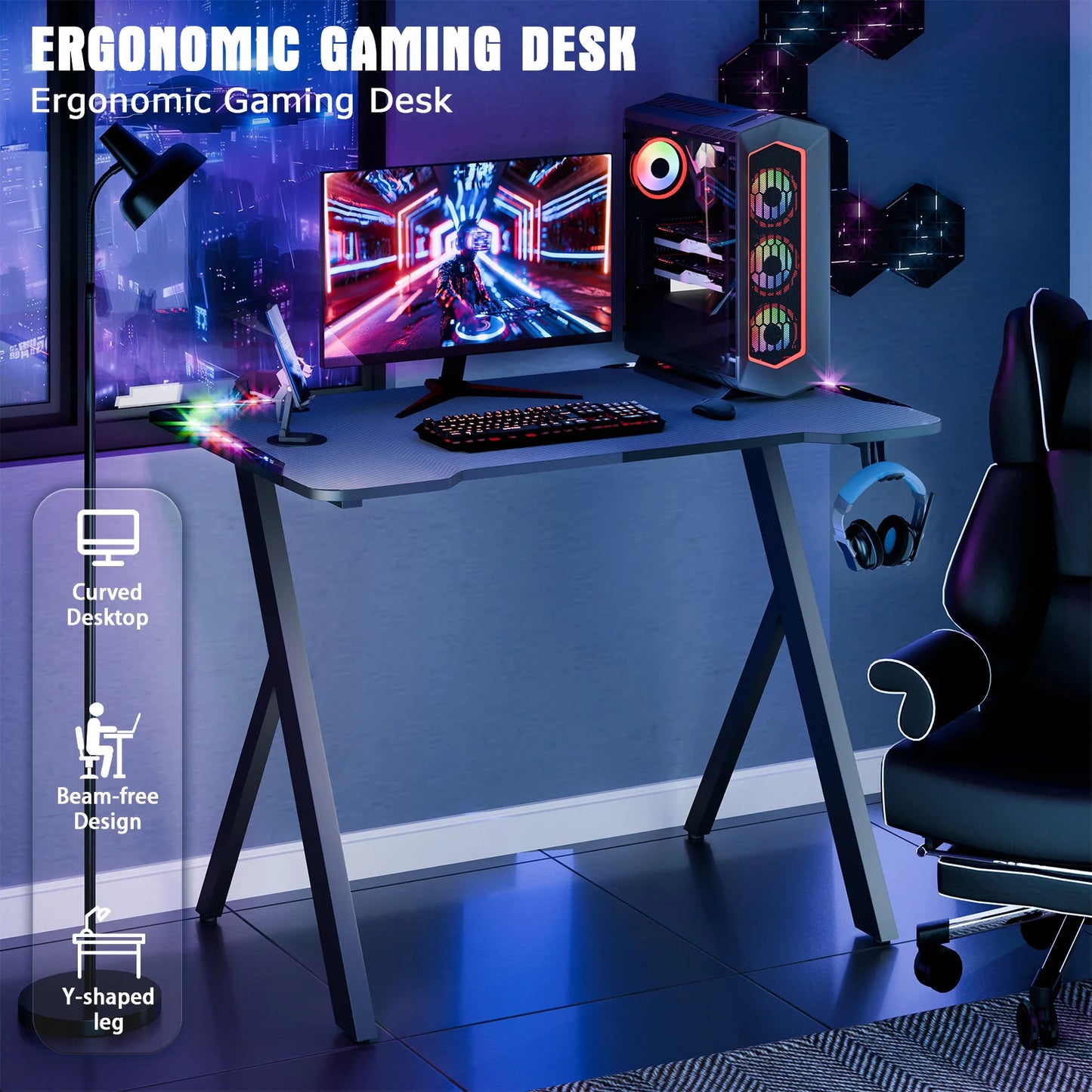 RGB Lighted Adjustable Gaming Desk – Large Standing Desk for Gaming/Work, and Home Office