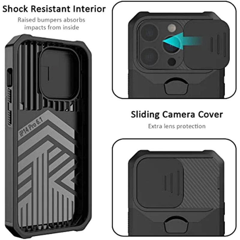 Rugged Protective Case for iPhone 17/16/15/14/13/12 Pro/Max/Plus/8/7 Plus Mini — Sliding Camera Shield & Card Holder Clip
