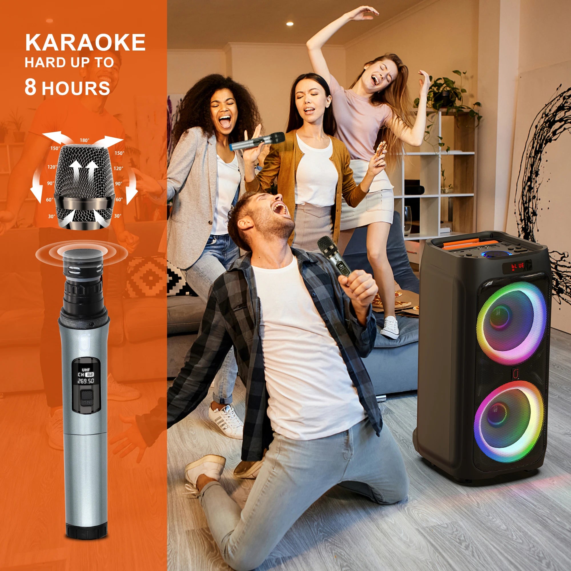 Portable Bluetooth Karaoke Machine with 2 Wireless Microphones