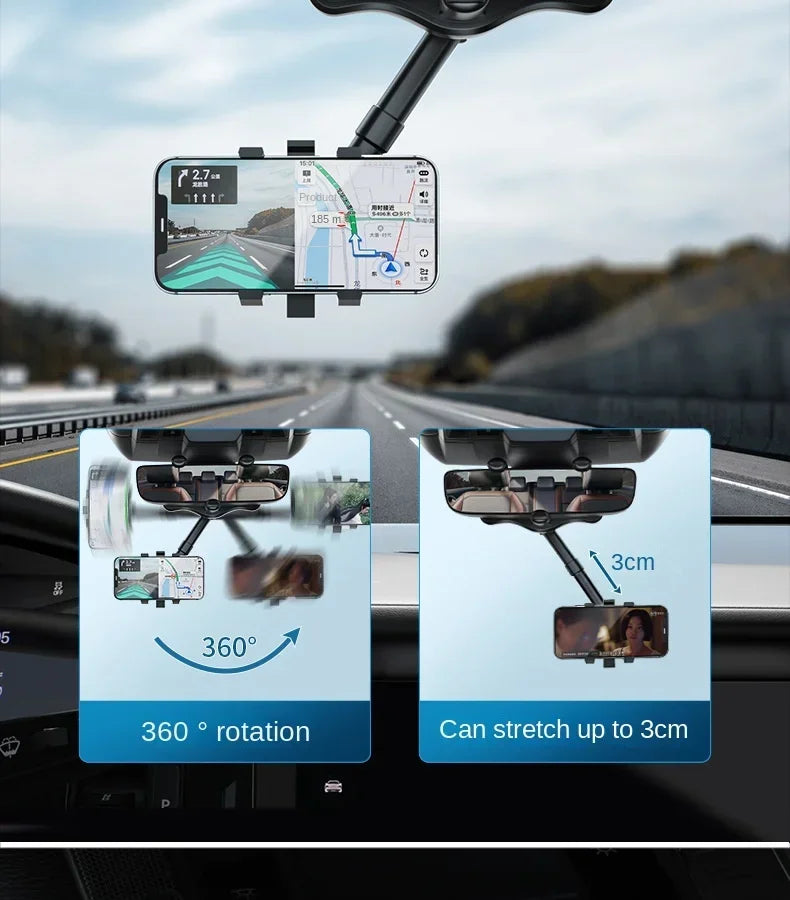 360° Rotation Rearview Mirror Phone Mount – Stable Gripper Car Bracket for GPS/Navi, Compatible with iPhone, Samsung, Xiaomi