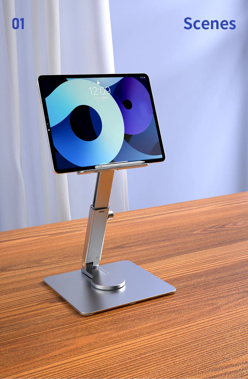 Aluminum Tablet Stand & Desk Riser – 360° Rotatable, Multi-Angle Height Adjustable