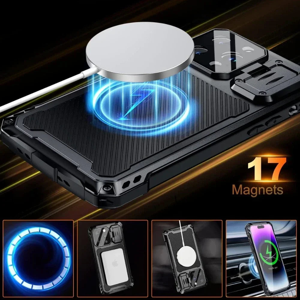 Aluminum Magnetic Shockproof Case for iPhone 16/15/Plus/14 Pro Max — Heavy-Duty Armor Cover with Screen Protector, Lens Stand