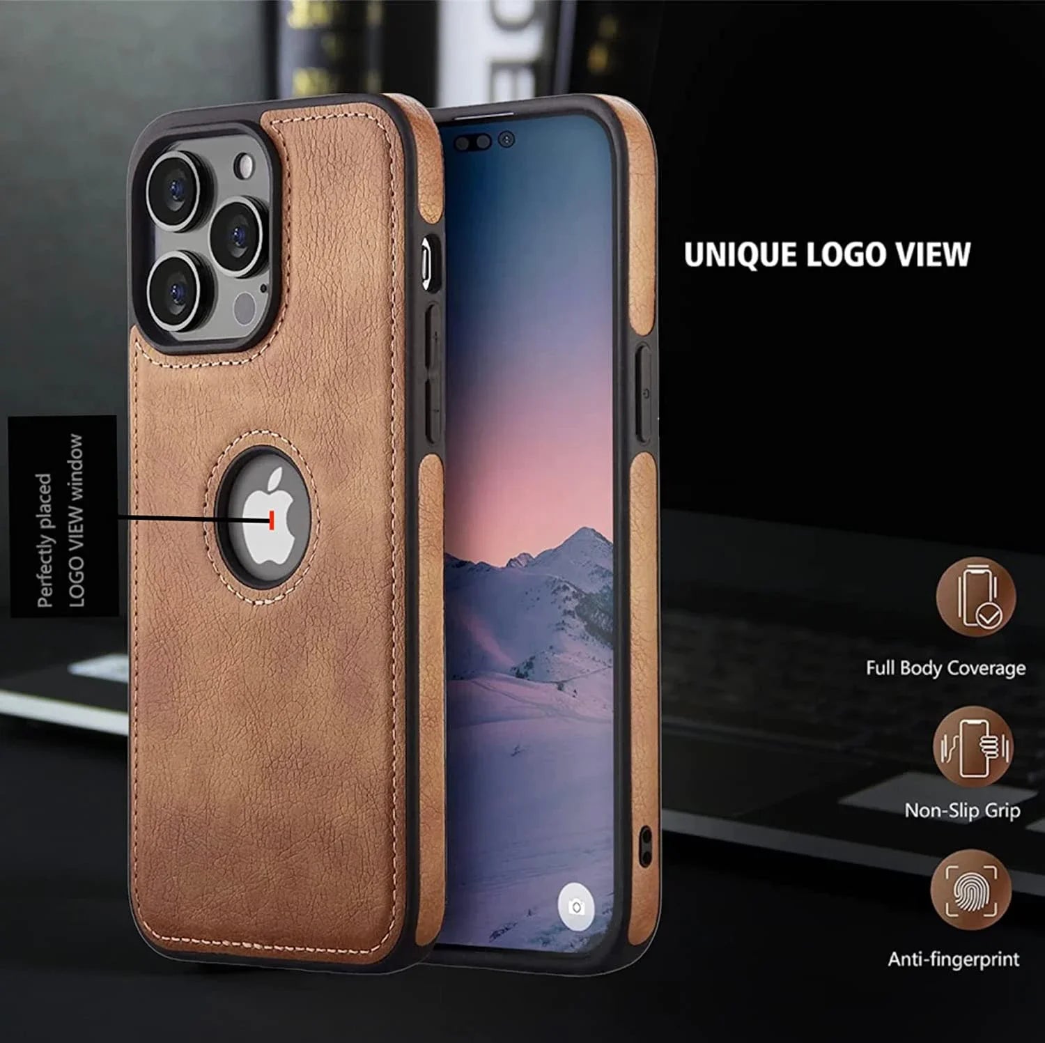 Slim Fit PU Leather Back Cover with Logo Hole for iPhone 16 / 16 Pro / 16 Pro Plus / 16 Pro Max – Soft Silicone Shockproof Protective Case