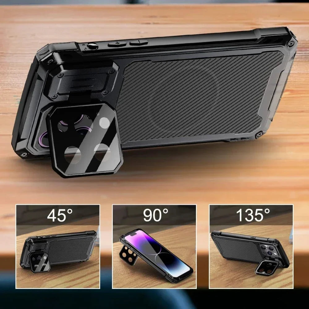 Aluminum Magnetic Shockproof Case for iPhone 16/15/Plus/14 Pro Max — Heavy-Duty Armor Cover with Screen Protector, Lens Stand