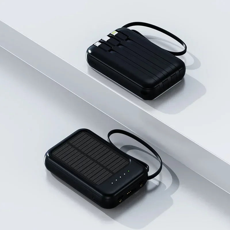 High-Capacity Fast Charge Power Bank 10000mAh – 3 Integrated Cables, Outdoor Portable Charger with Solar Cells, Mini External Battery Pack