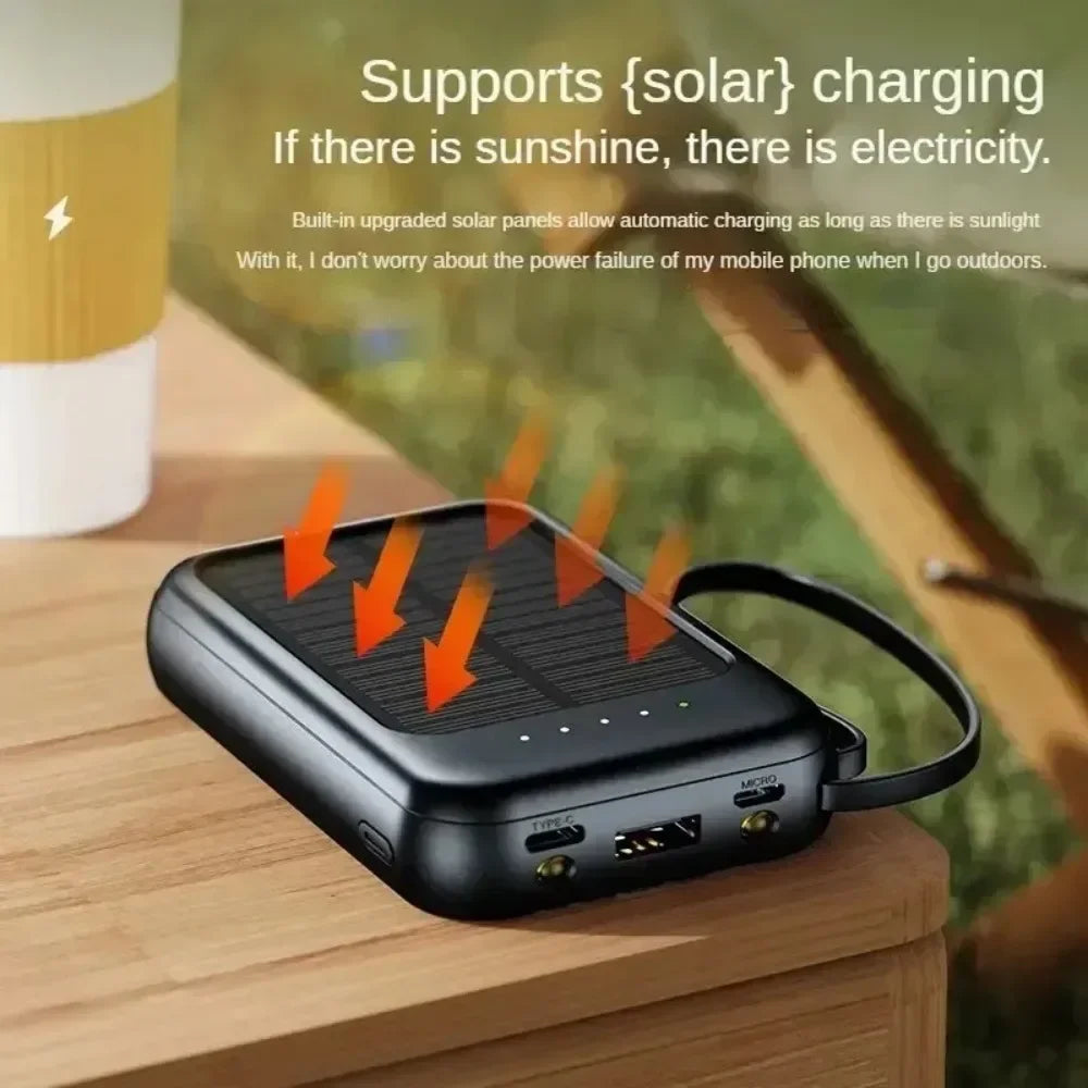High-Capacity Fast Charge Power Bank 10000mAh – 3 Integrated Cables, Outdoor Portable Charger with Solar Cells, Mini External Battery Pack