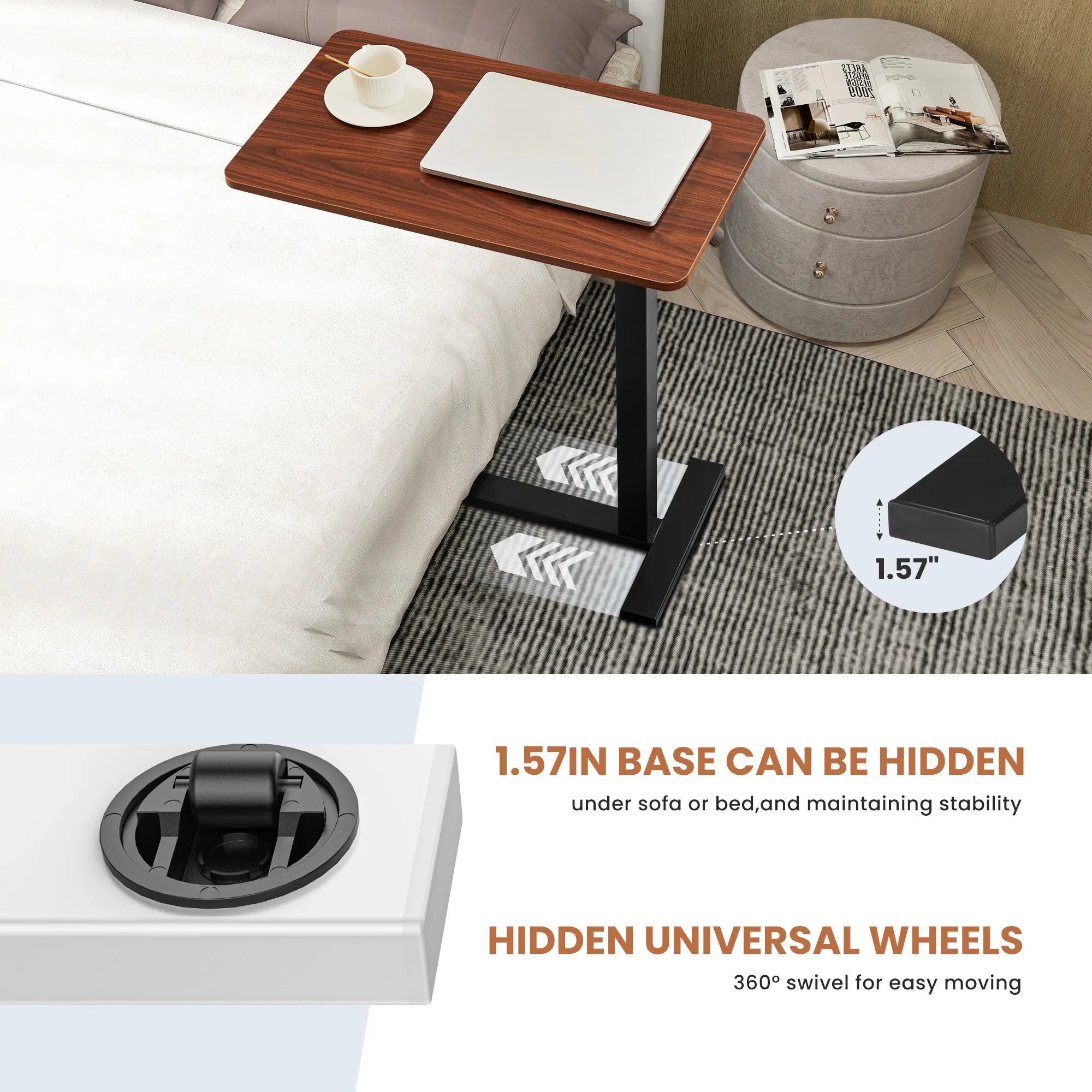Height-Adjustable Overbed Table: Hidden Wheels & Laptop Desk