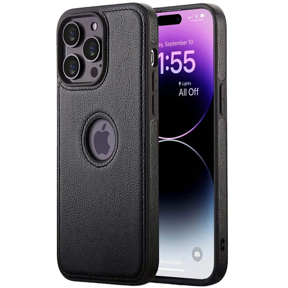 Slim Fit PU Leather Back Cover with Logo Hole for iPhone 16 / 16 Pro / 16 Pro Plus / 16 Pro Max – Soft Silicone Shockproof Protective Case