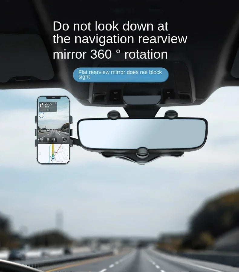 360° Rotation Rearview Mirror Phone Mount – Stable Gripper Car Bracket for GPS/Navi, Compatible with iPhone, Samsung, Xiaomi