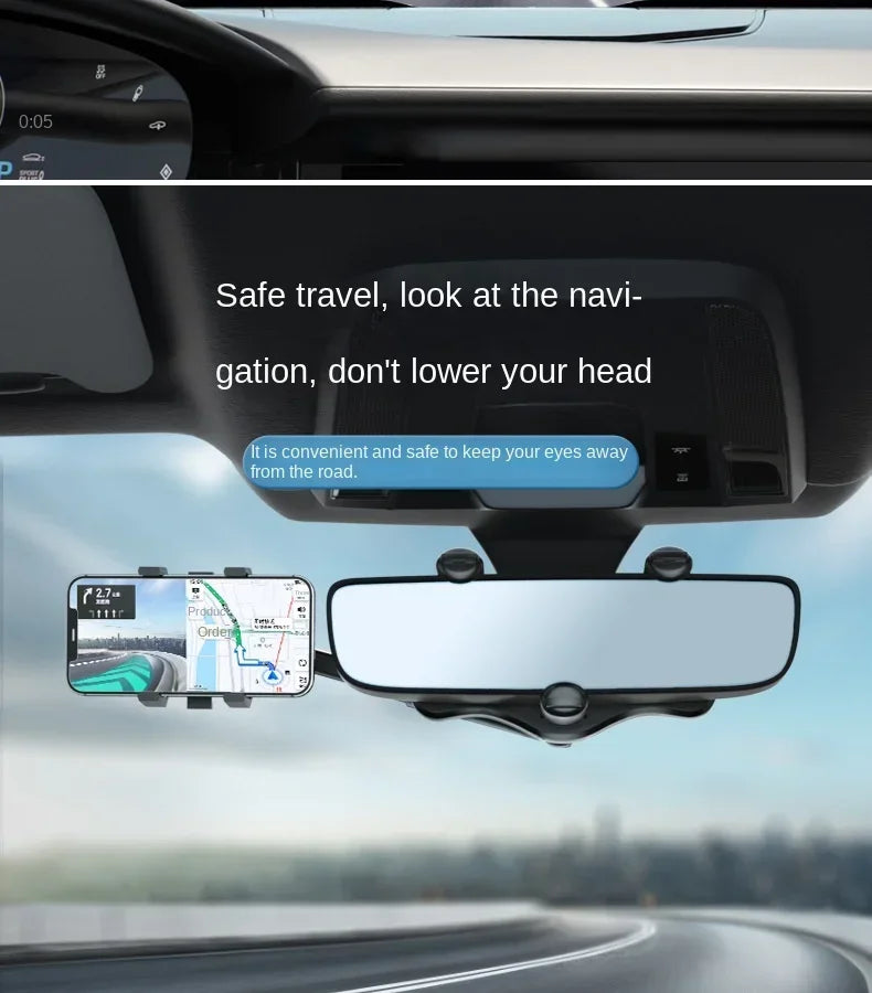 360° Rotation Rearview Mirror Phone Mount – Stable Gripper Car Bracket for GPS/Navi, Compatible with iPhone, Samsung, Xiaomi
