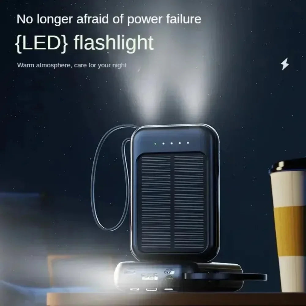 High-Capacity Fast Charge Power Bank 10000mAh – 3 Integrated Cables, Outdoor Portable Charger with Solar Cells, Mini External Battery Pack