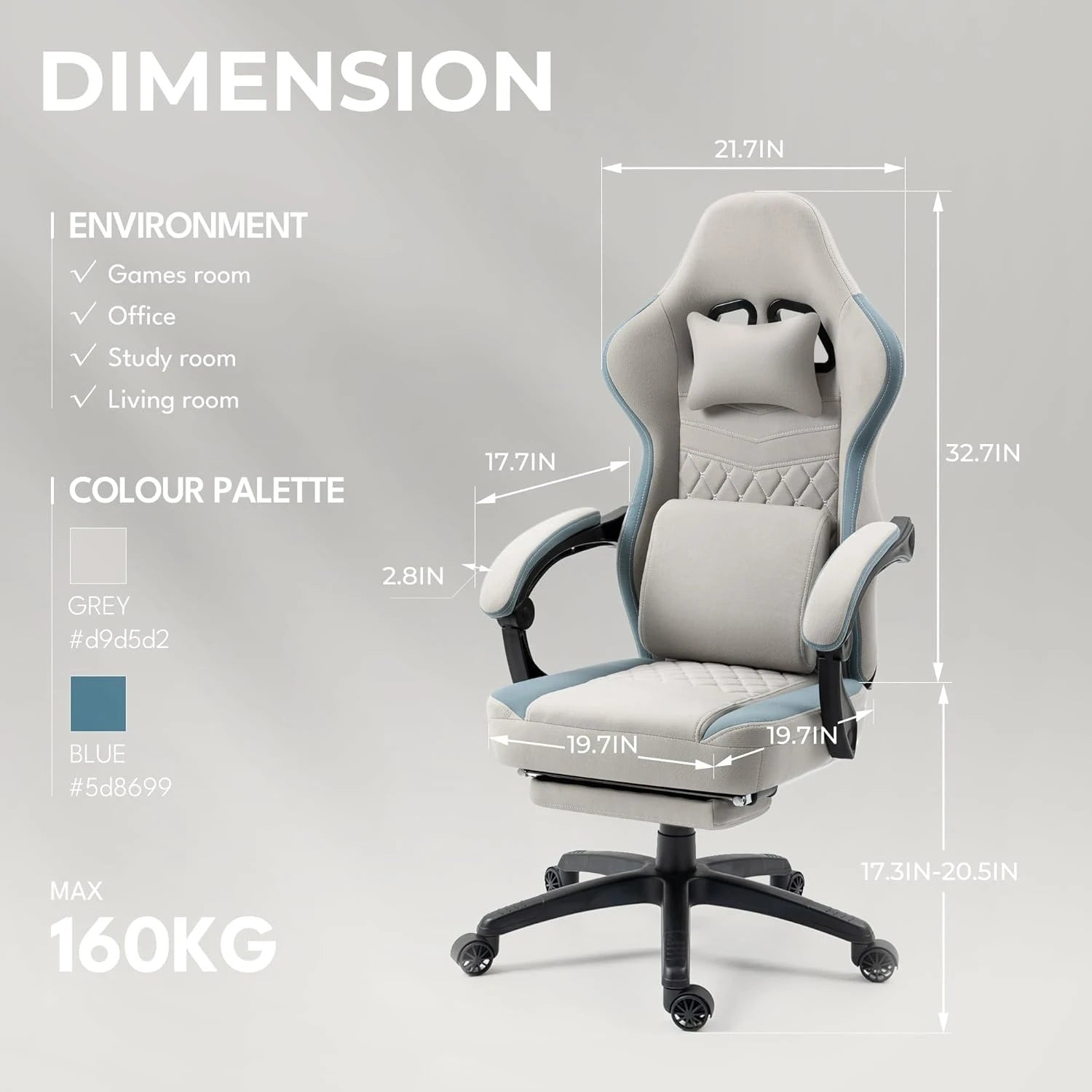 Grey Gaming Chair – Breathable Fabric Office Chair