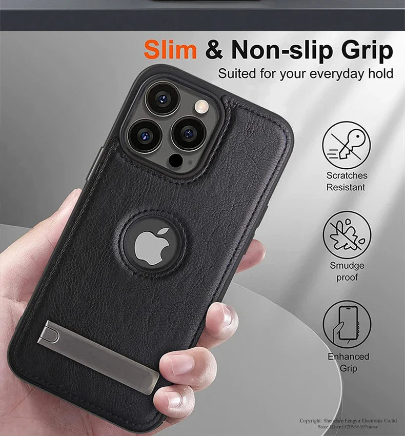 Leather Kickstand Phone Case for iPhone 15 / 13 Pro Max / 14 Plus / 12 / 11 – Shockproof, Flexible, Soft-Grip Luxury Back Cover