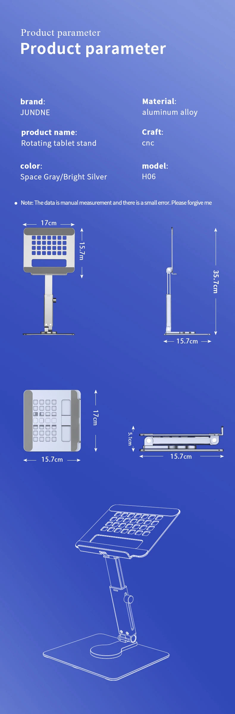Aluminum Tablet Stand & Desk Riser – 360° Rotatable, Multi-Angle Height Adjustable