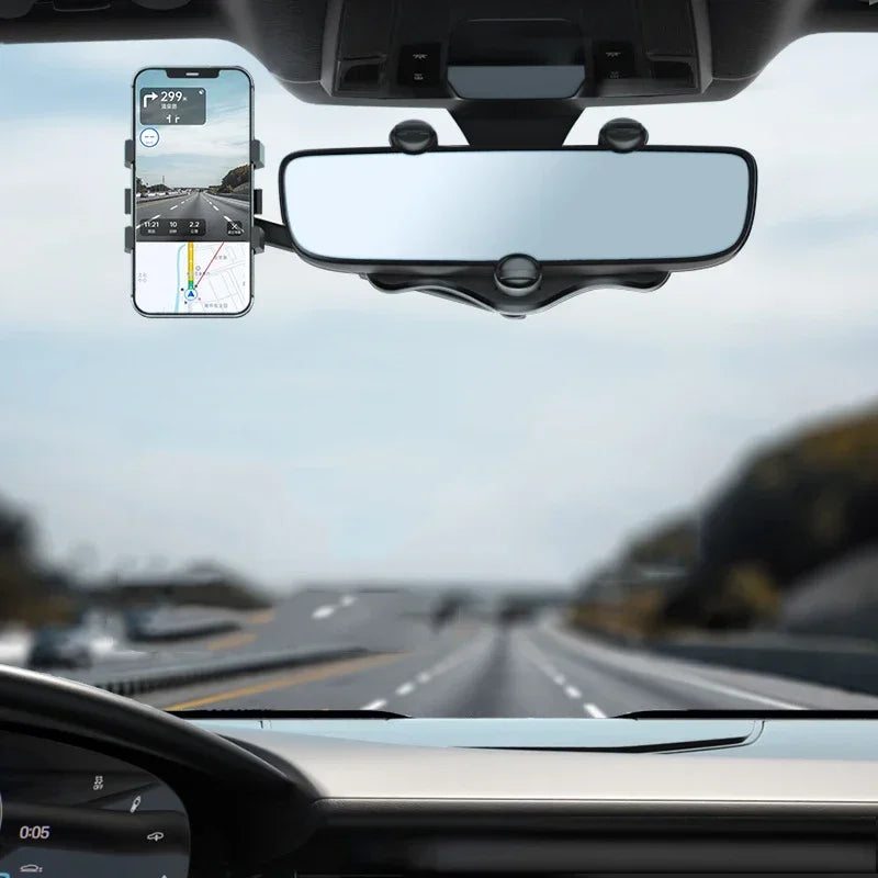 360° Rotation Rearview Mirror Phone Mount – Stable Gripper Car Bracket for GPS/Navi, Compatible with iPhone, Samsung, Xiaomi
