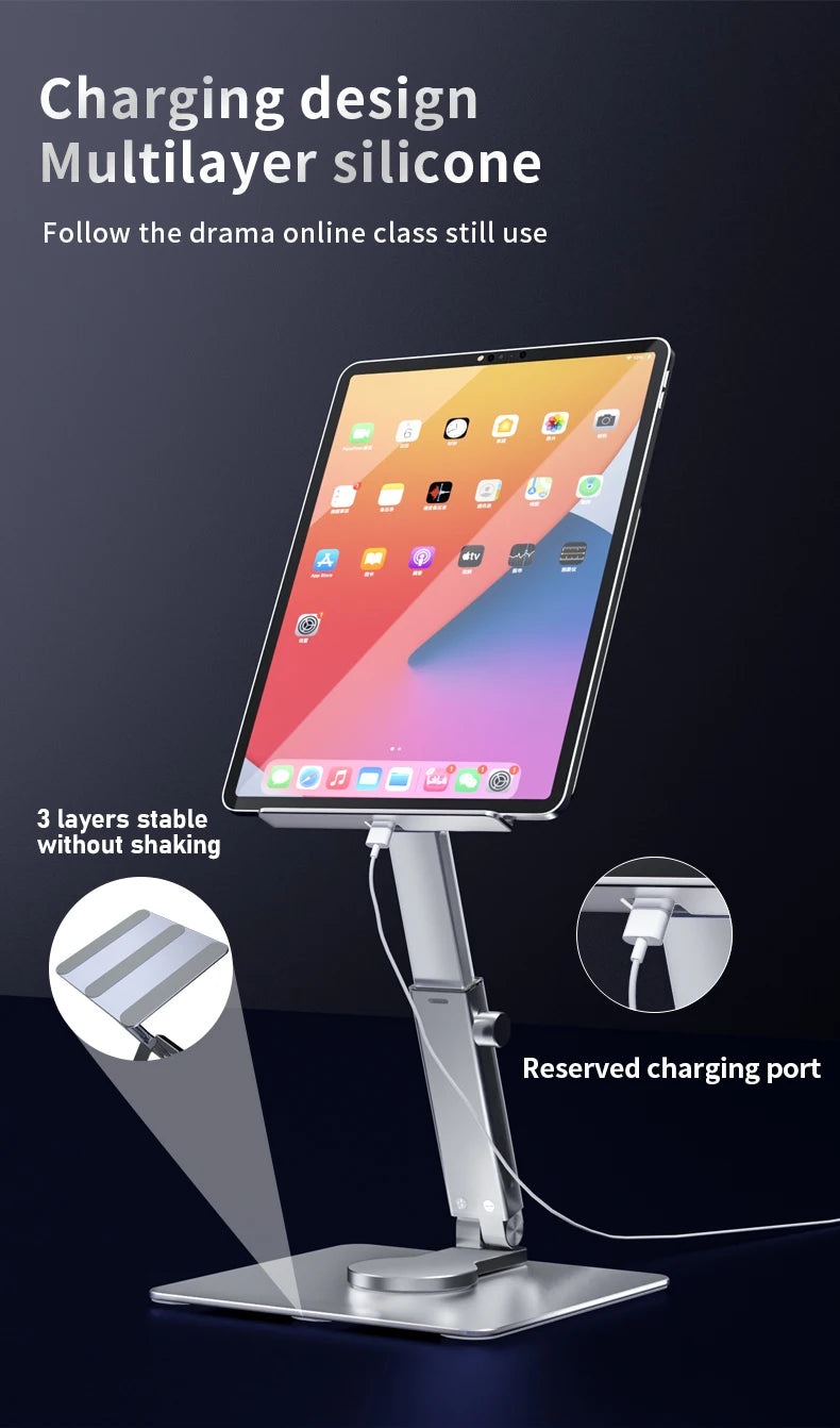 Aluminum Tablet Stand & Desk Riser – 360° Rotatable, Multi-Angle Height Adjustable