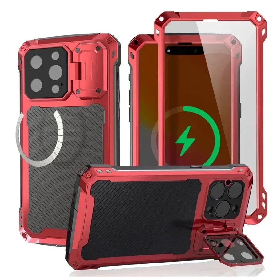 Aluminum Magnetic Shockproof Case for iPhone 16/15/Plus/14 Pro Max — Heavy-Duty Armor Cover with Screen Protector, Lens Stand