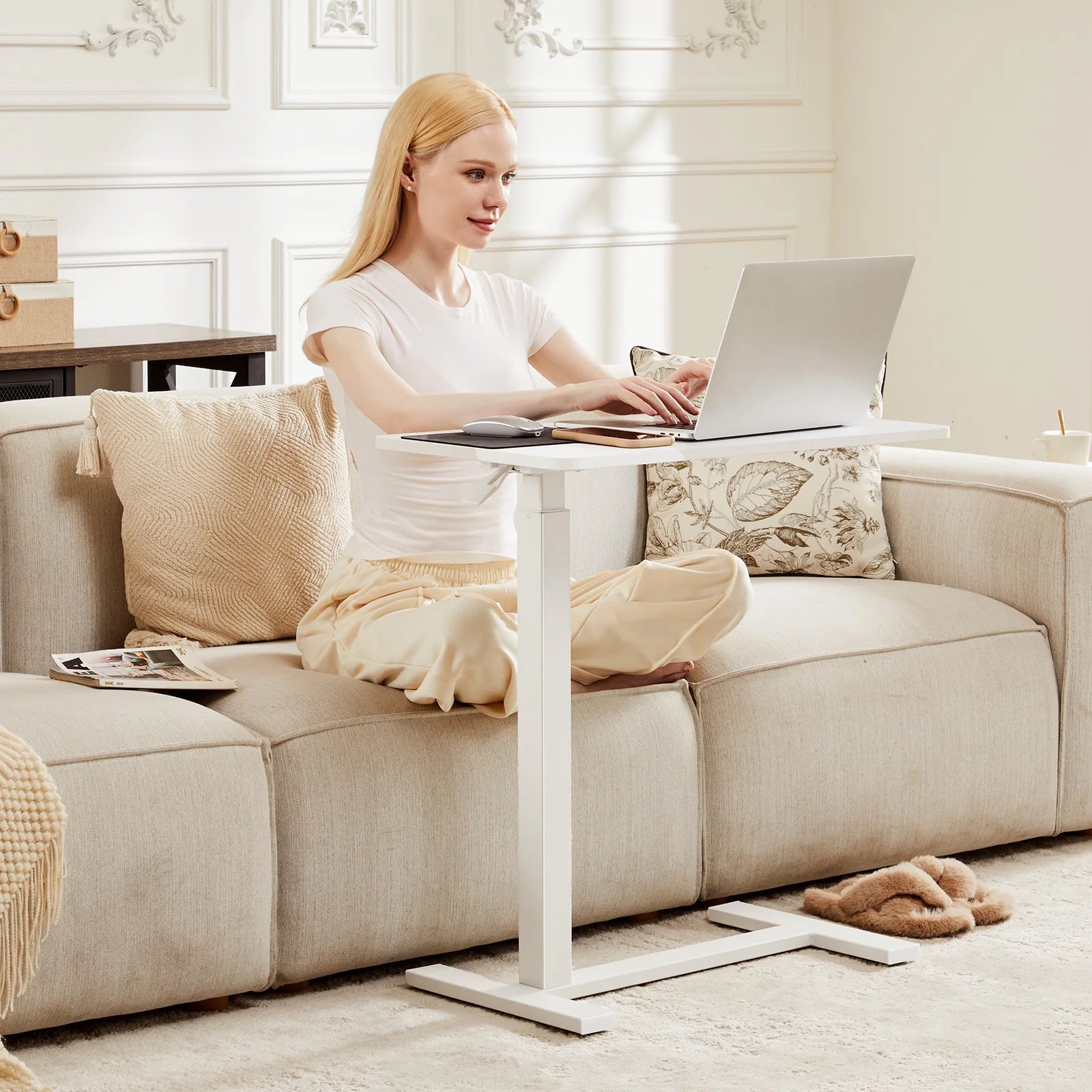 Height-Adjustable Overbed Table: Hidden Wheels & Laptop Desk