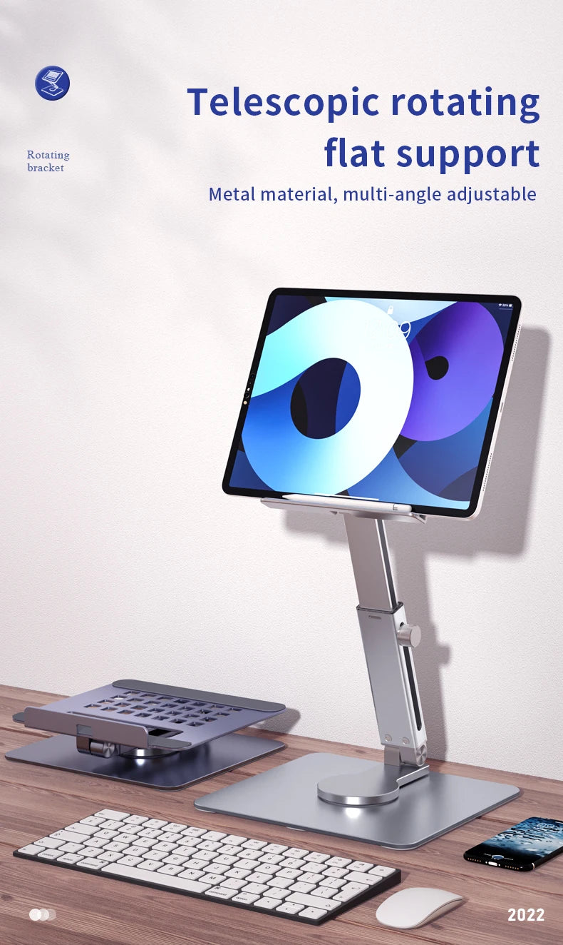 Aluminum Tablet Stand & Desk Riser – 360° Rotatable, Multi-Angle Height Adjustable