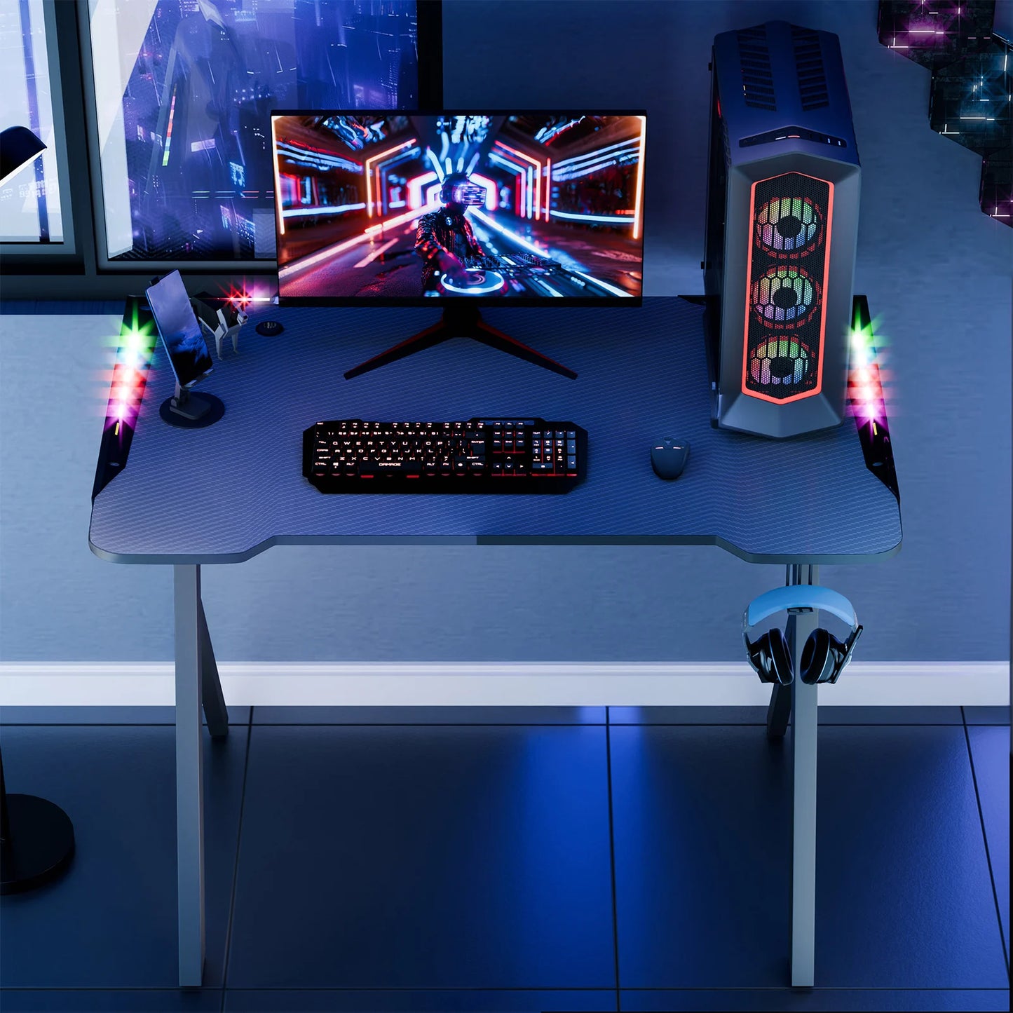 RGB Lighted Adjustable Gaming Desk – Large Standing Desk for Gaming/Work, and Home Office
