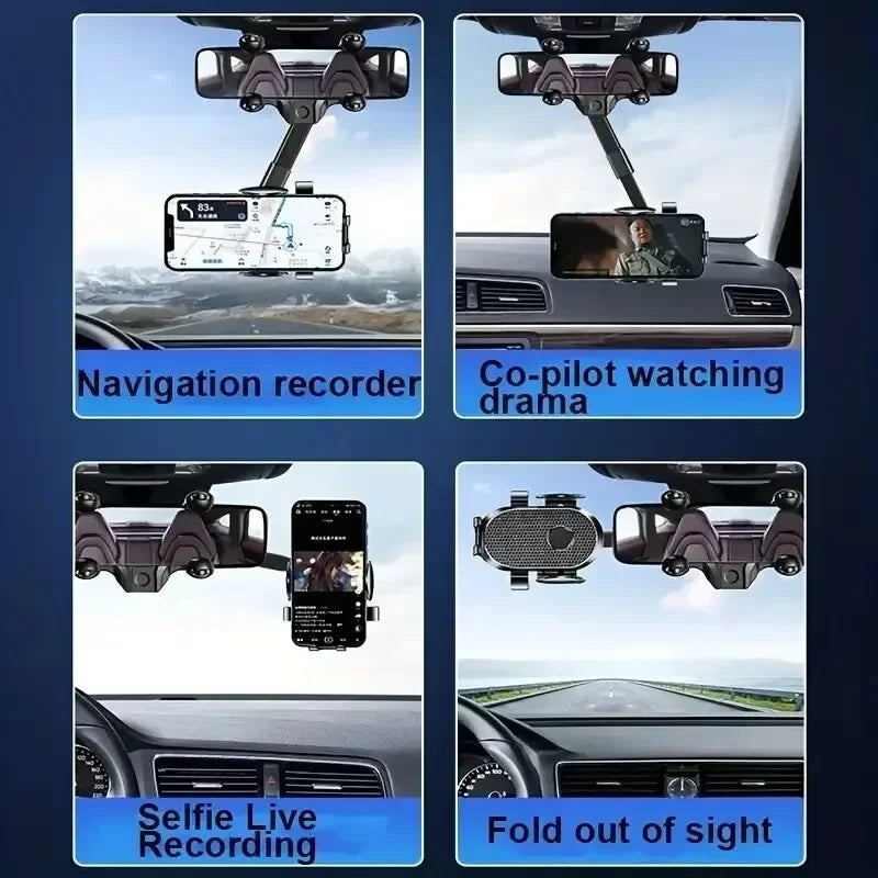 360° Rotating Car Phone Holder – Rearview Mirror Mount, Foldable GPS & Navigation Support, In-Car Mobile Bracket