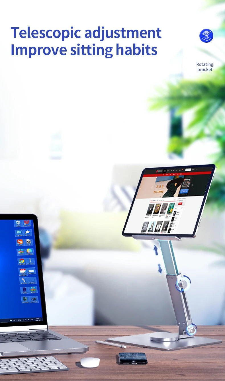 Aluminum Tablet Stand & Desk Riser – 360° Rotatable, Multi-Angle Height Adjustable