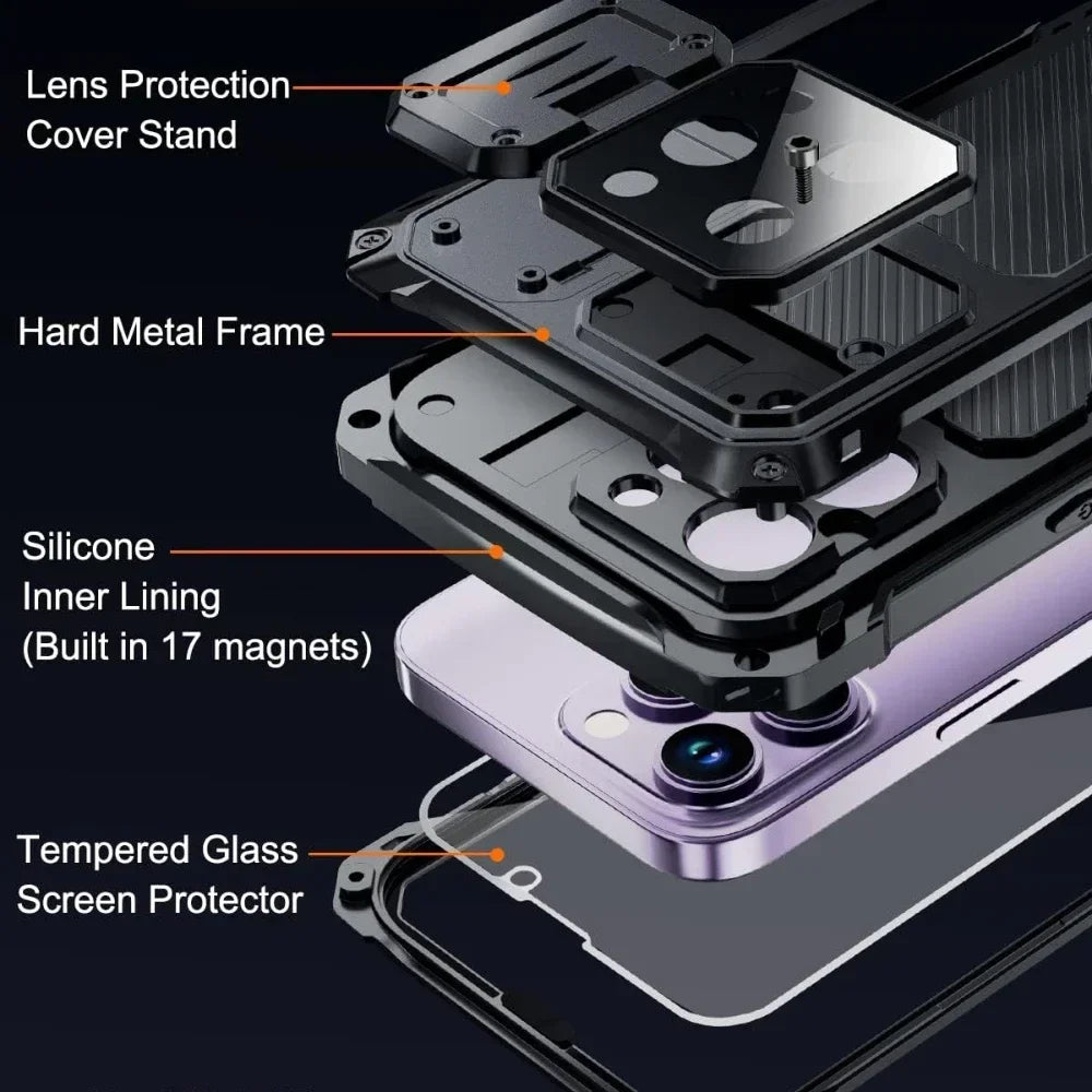 Aluminum Magnetic Shockproof Case for iPhone 16/15/Plus/14 Pro Max — Heavy-Duty Armor Cover with Screen Protector, Lens Stand