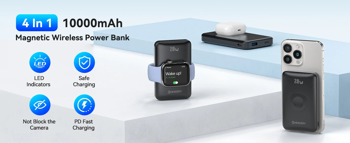 Magnetic Wireless Power Bank 10000mAh – Watch Charger for Apple Watch 4–9/Ultra 2 + iPhone 16/15 and Galaxy Devices, Battery Pack