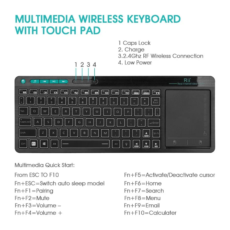 Wireless Multimedia Keyboard with RGB Backlit Keys & Large Multi-Touch