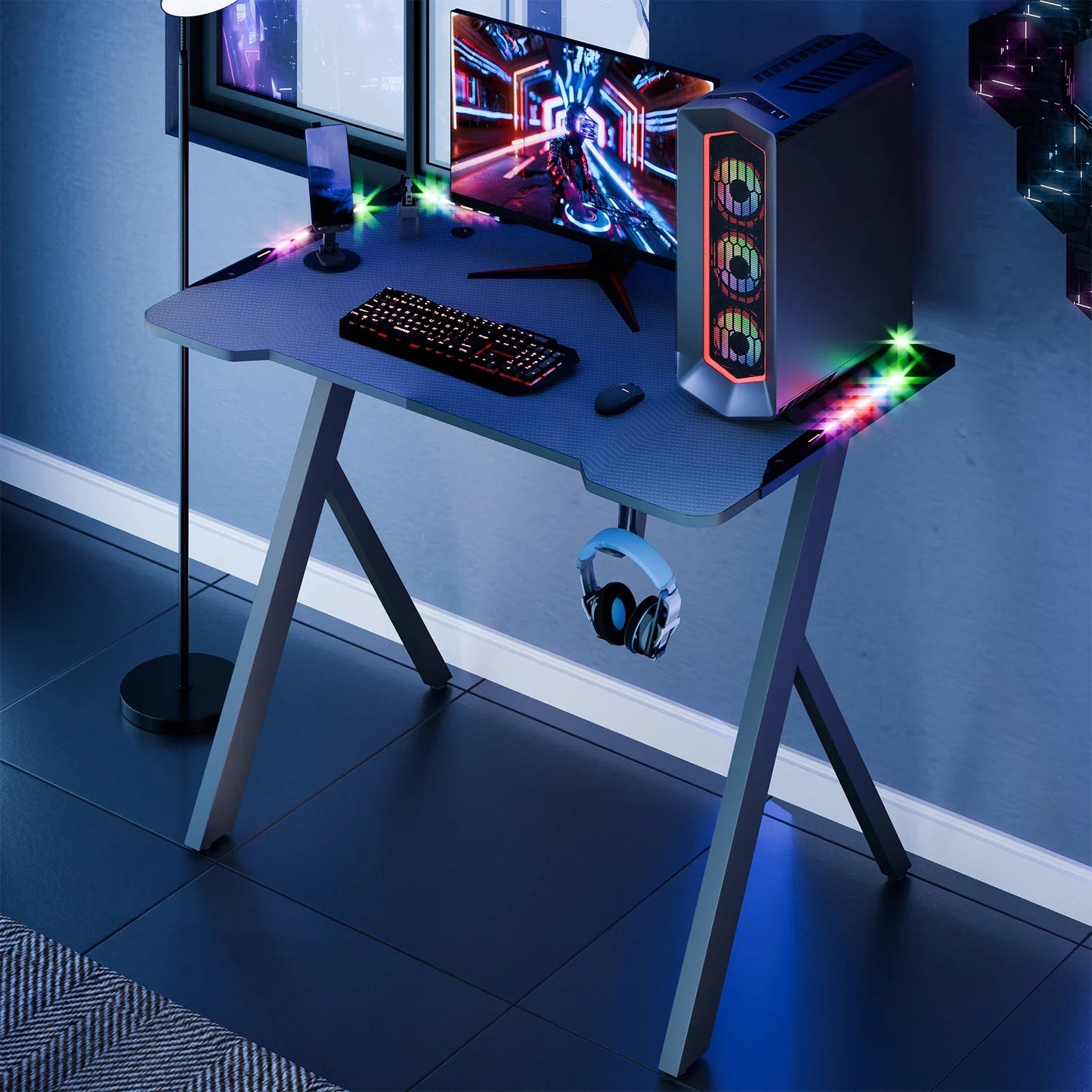 RGB Lighted Adjustable Gaming Desk – Large Standing Desk for Gaming/Work, and Home Office