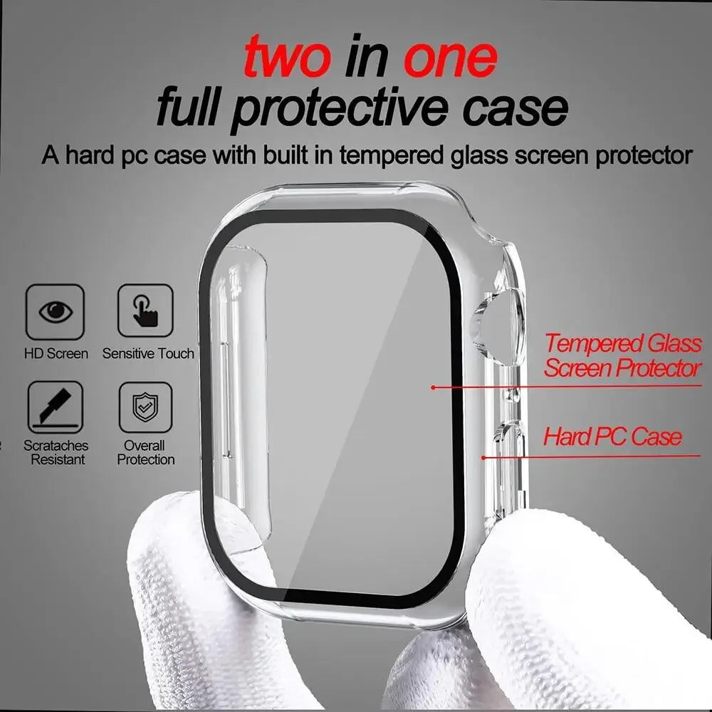 Tempered Glass Screen Protector + Case Cover for Apple Watch Ultra/SE (Series 3–8) – 41mm/44mm/45mm/49mm Compatible,  Watch Case Protector