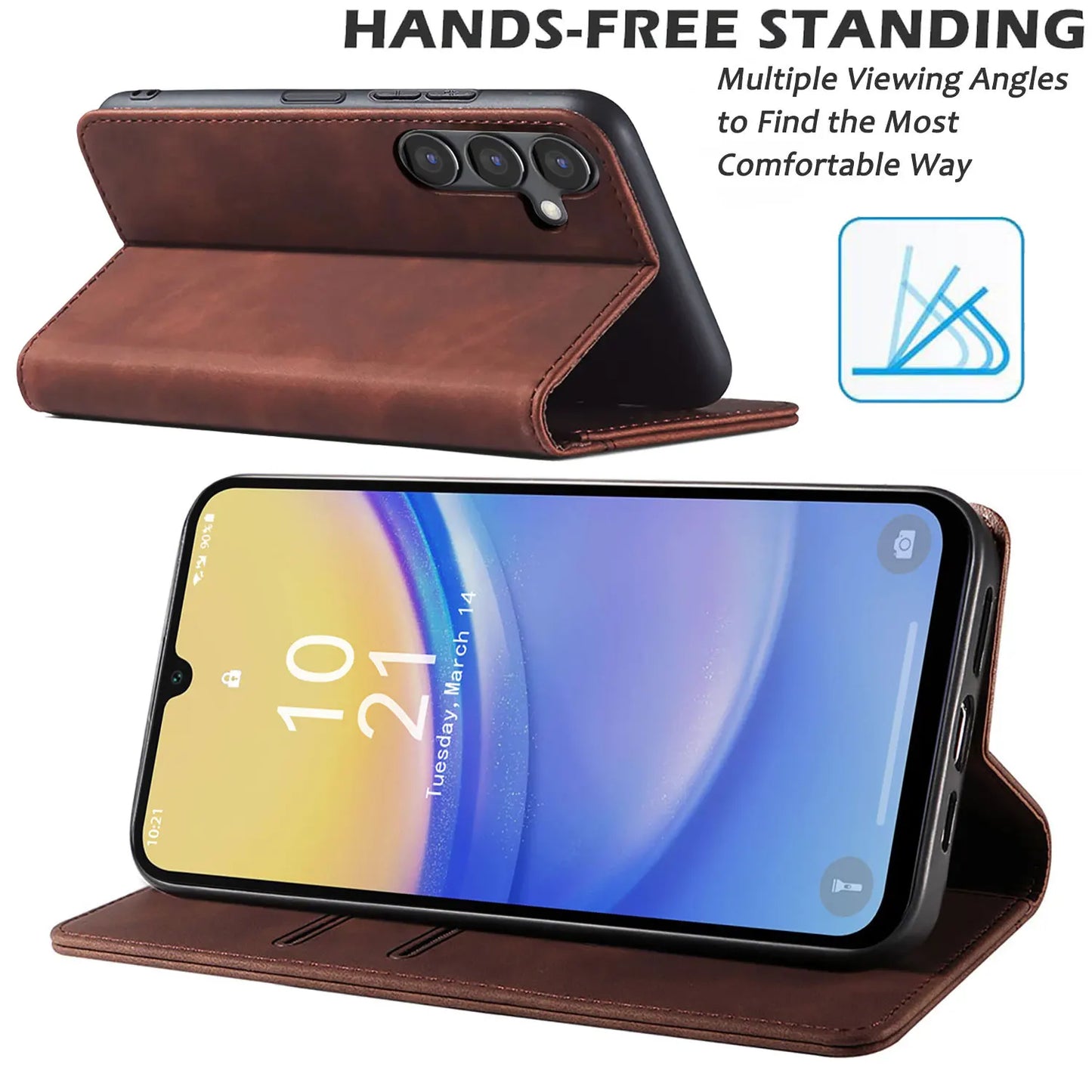 Brown Leather Flip Wallet Case for Samsung Galaxy A14 4G / 5G – Rugged Magnetic