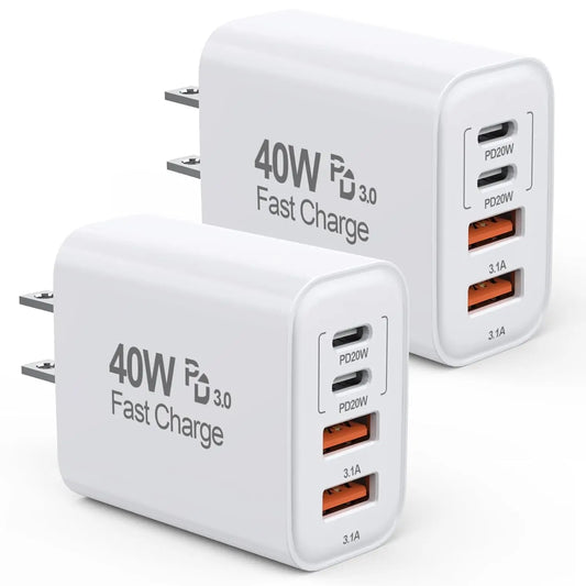 4-Port Fast USB Wall Charger (40W) with PD & QC – Multiport USB Block for iPhone, iPad, and More