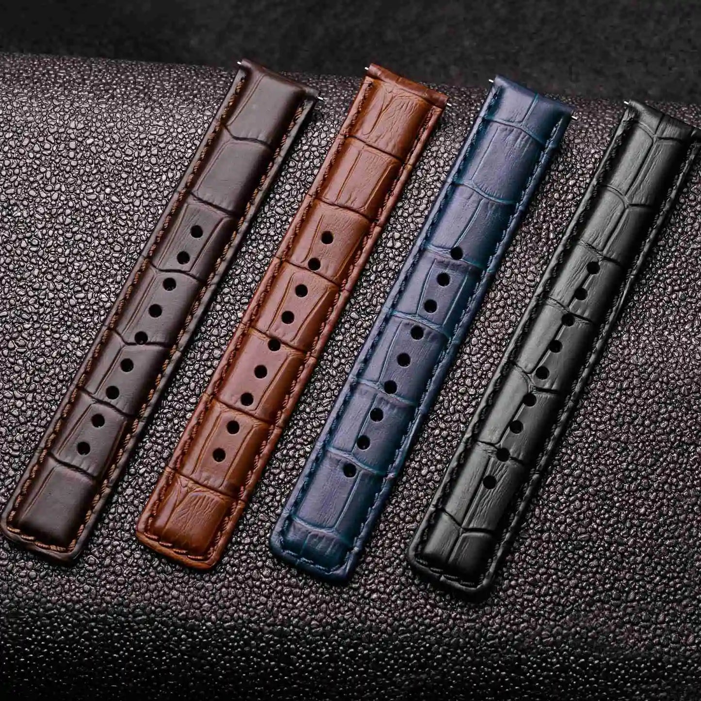 Quick Release Leather Watch Bands – 18mm/20mm/22mm/24mm Alligator Grain Calfskin Replacement Strap