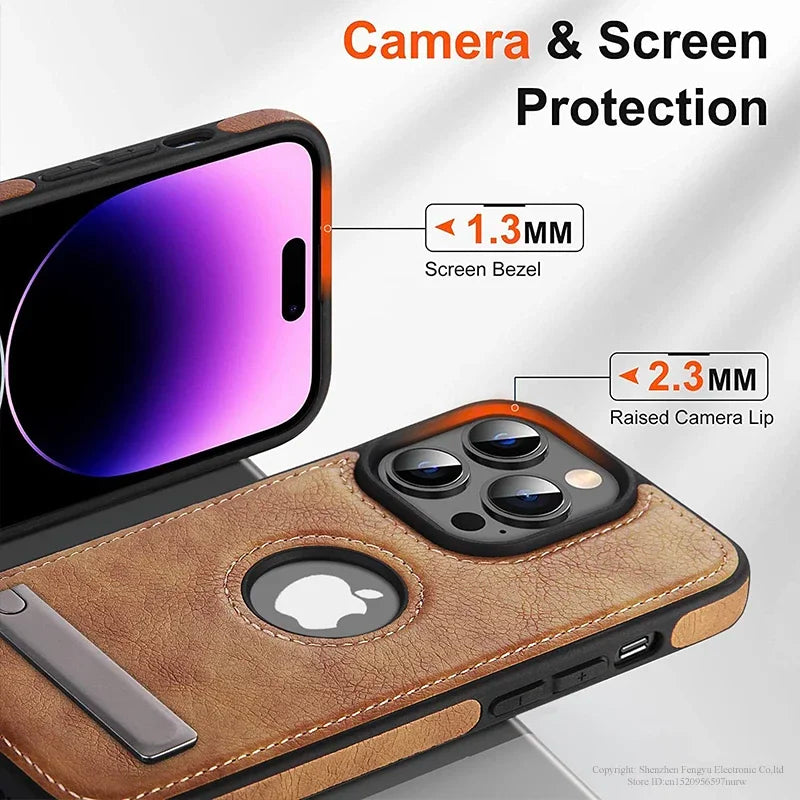 Leather Kickstand Phone Case for iPhone 15 / 13 Pro Max / 14 Plus / 12 / 11 – Shockproof, Flexible, Soft-Grip Luxury Back Cover