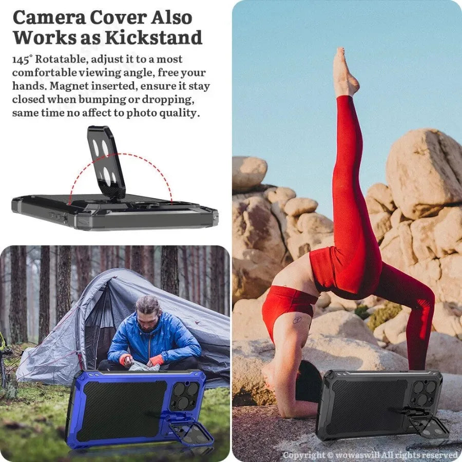 Aluminum Magnetic Shockproof Case for iPhone 16/15/Plus/14 Pro Max — Heavy-Duty Armor Cover with Screen Protector, Lens Stand