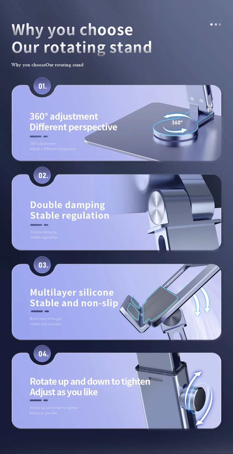 Aluminum Tablet Stand & Desk Riser – 360° Rotatable, Multi-Angle Height Adjustable