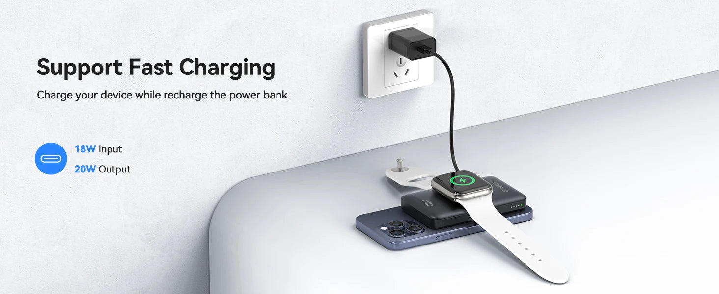 Magnetic Wireless Power Bank 10000mAh – Watch Charger for Apple Watch 4–9/Ultra 2 + iPhone 16/15 and Galaxy Devices, Battery Pack