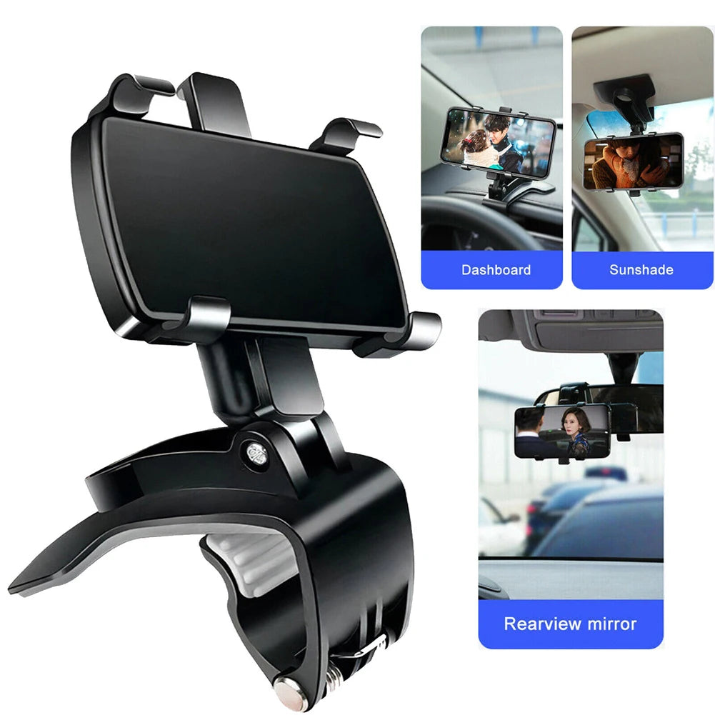 360° Car Phone Mount – Rotating Rearview Mirror/Nav Bracket, Dashboard Adjustable Spring Clip