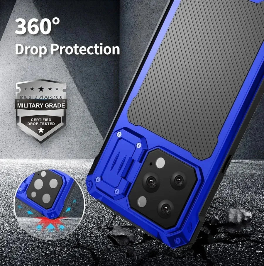 Aluminum Magnetic Shockproof Case for iPhone 16/15/Plus/14 Pro Max — Heavy-Duty Armor Cover with Screen Protector, Lens Stand