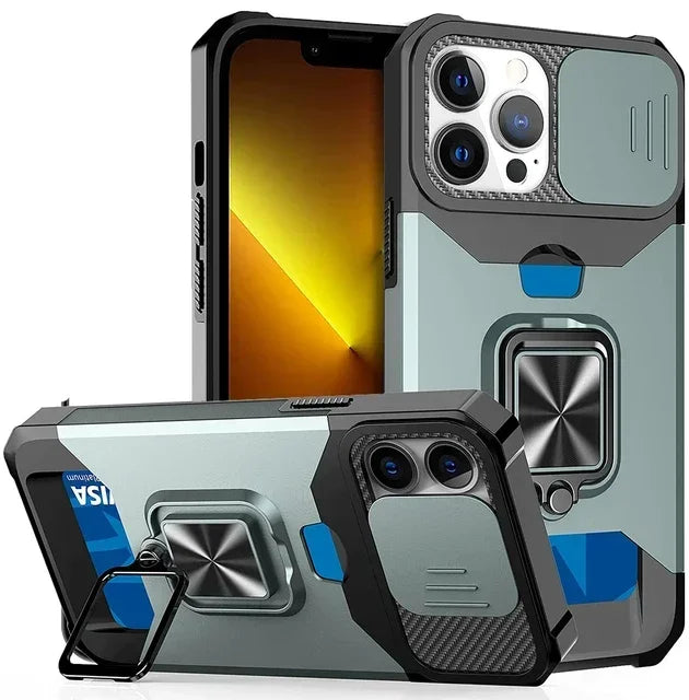 Rugged Protective Case for iPhone 17/16/15/14/13/12 Pro/Max/Plus/8/7 Plus Mini — Sliding Camera Shield & Card Holder Clip