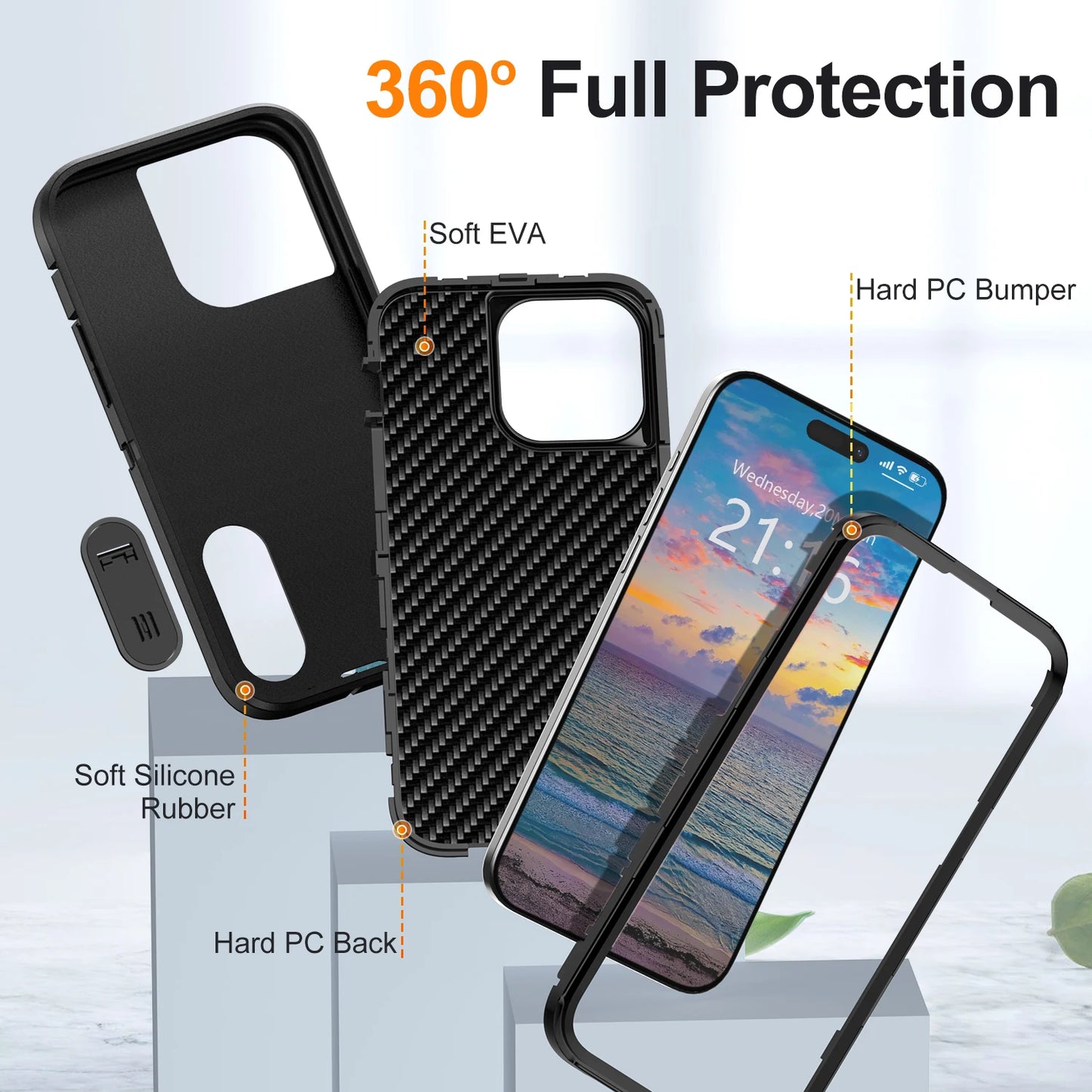 Black 3-Layer Heavy Duty Protective Phone Case for iPhone 15 / 15 Plus / 15 Pro / 15 Pro Max 5G