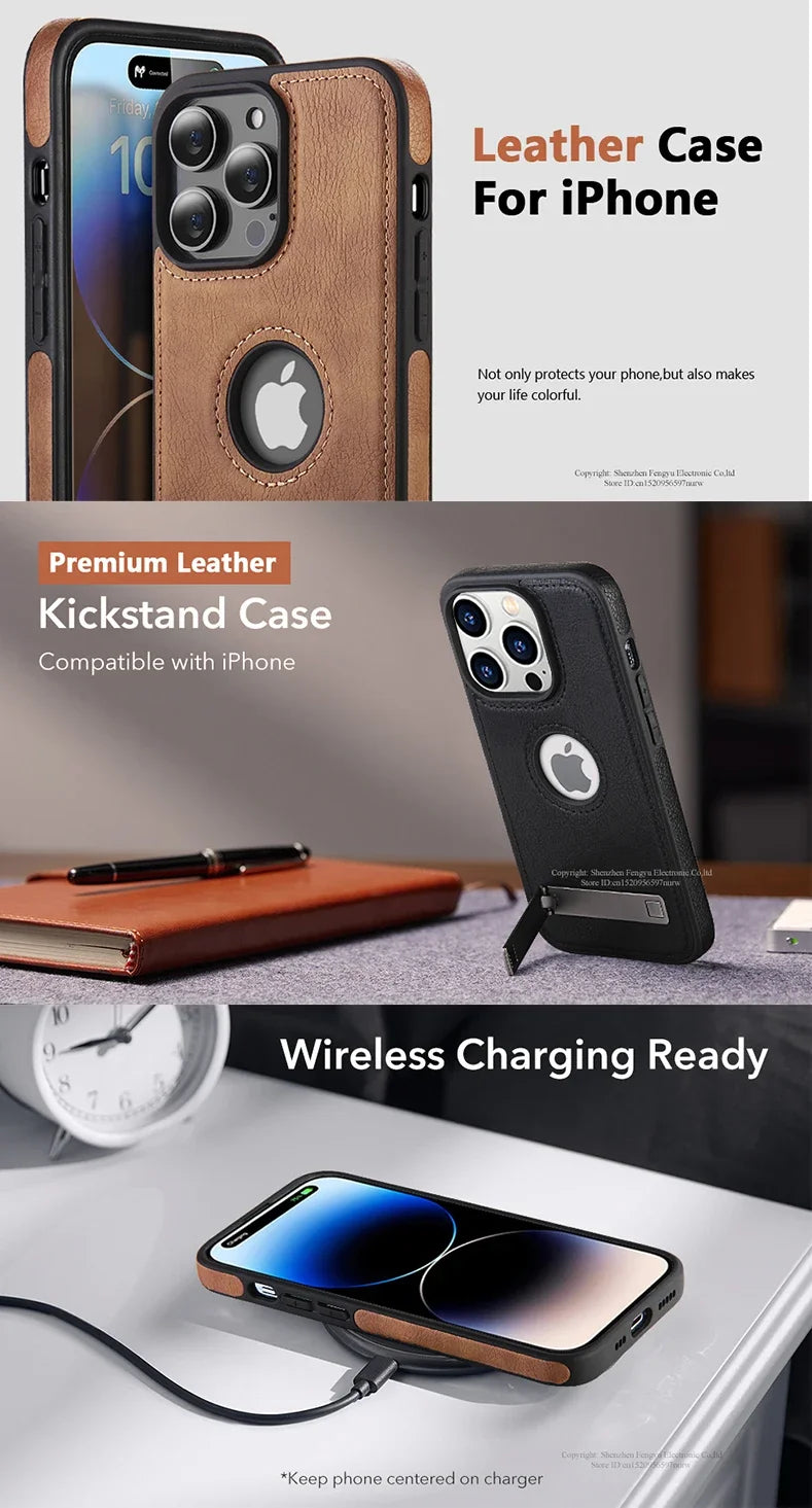 Leather Kickstand Phone Case for iPhone 15 / 13 Pro Max / 14 Plus / 12 / 11 – Shockproof, Flexible, Soft-Grip Luxury Back Cover