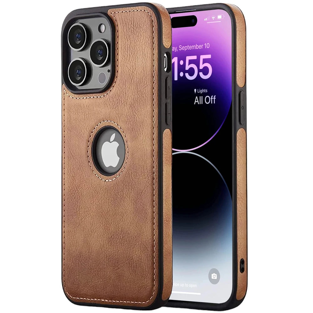 Slim Fit PU Leather Back Cover with Logo Hole for iPhone 16 / 16 Pro / 16 Pro Plus / 16 Pro Max – Soft Silicone Shockproof Protective Case