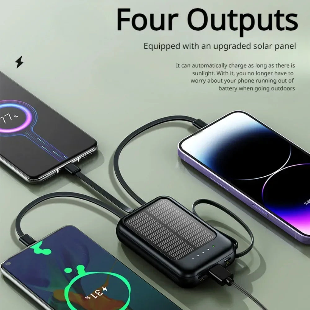 High-Capacity Fast Charge Power Bank 10000mAh – 3 Integrated Cables, Outdoor Portable Charger with Solar Cells, Mini External Battery Pack