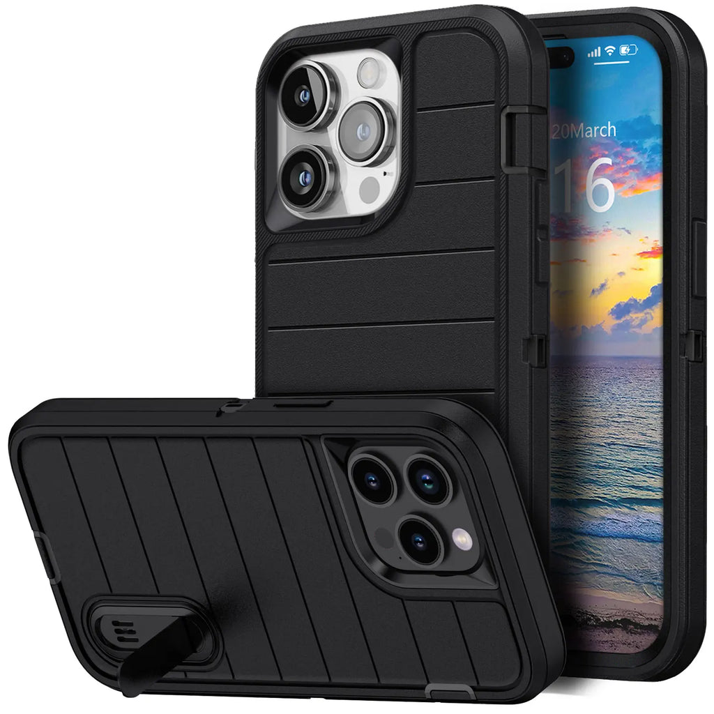 Black 3-Layer Heavy Duty Protective Phone Case for iPhone 15 / 15 Plus / 15 Pro / 15 Pro Max 5G