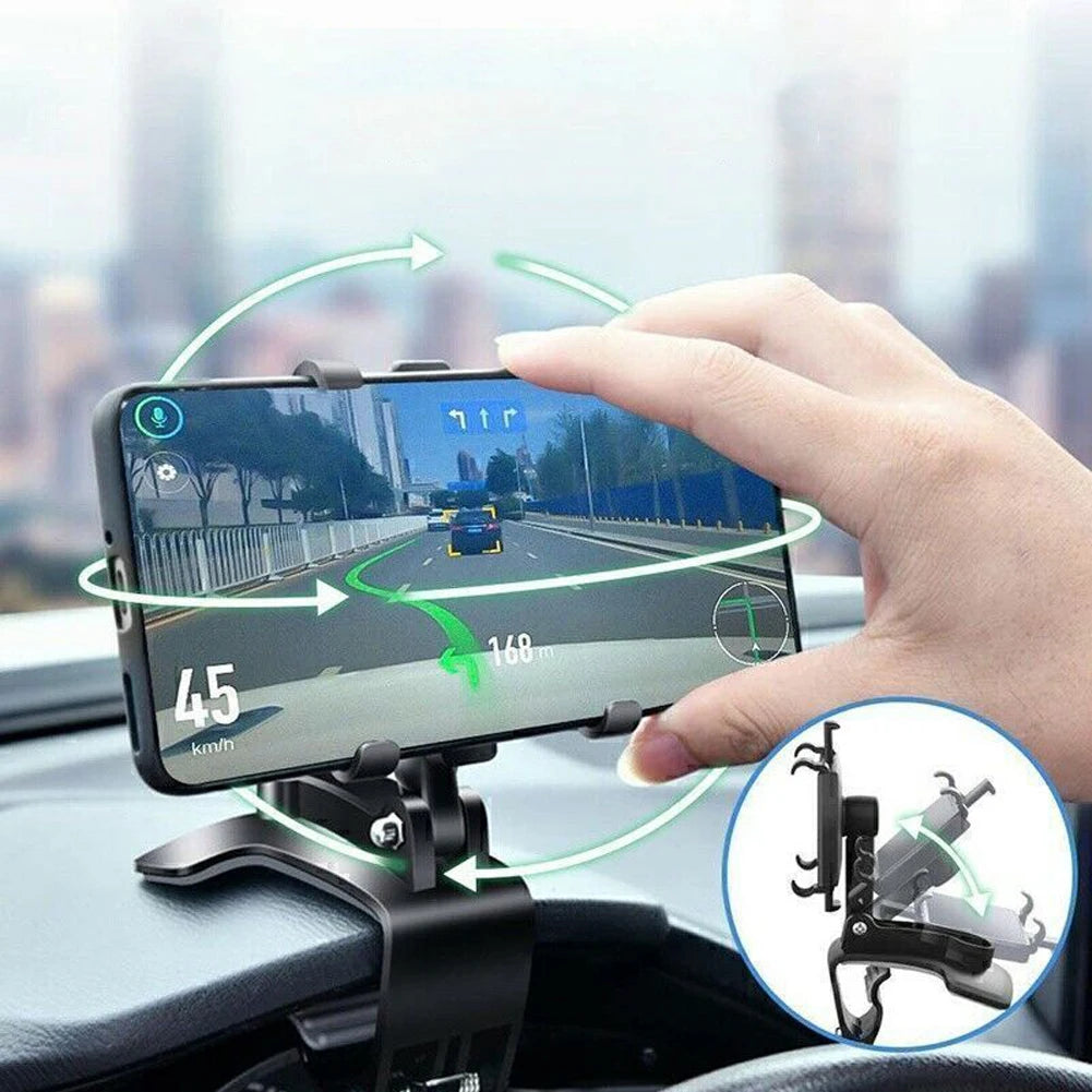 360° Car Phone Mount – Rotating Rearview Mirror/Nav Bracket, Dashboard Adjustable Spring Clip