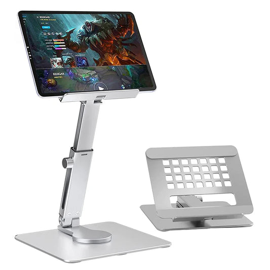 Aluminum Tablet Stand & Desk Riser – 360° Rotatable, Multi-Angle Height Adjustable