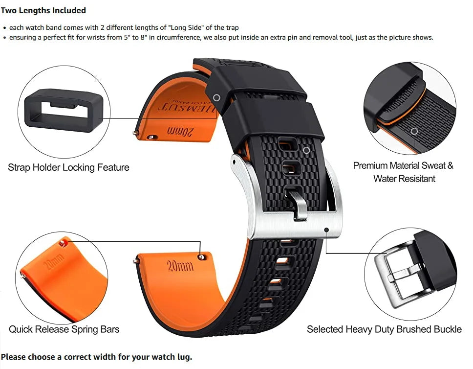 Silicone Smartwatch Bands – 18mm/20mm/22mm Quick Release Rubber Strap for Men & Women, Soft Replacement