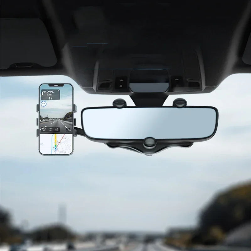360° Rotation Rearview Mirror Phone Mount – Stable Gripper Car Bracket for GPS/Navi, Compatible with iPhone, Samsung, Xiaomi